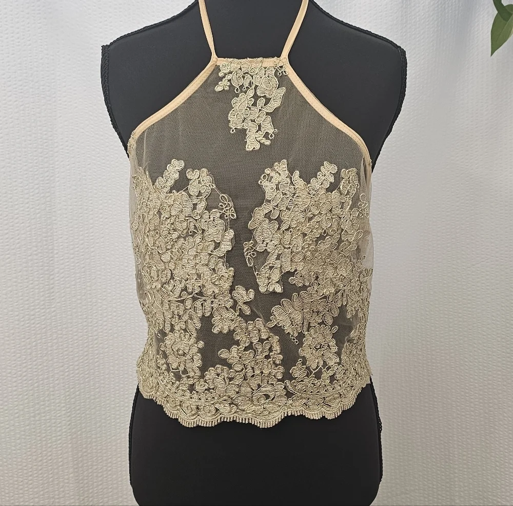 Banjul Womens Lace Mesh Grunge Gypsy Party Halter Crop Top - Picture 1 of 10